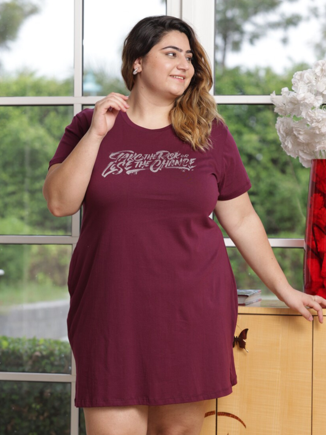 

TITTLI Plus Size Typography Printed T-Shirt Night Dress, Maroon