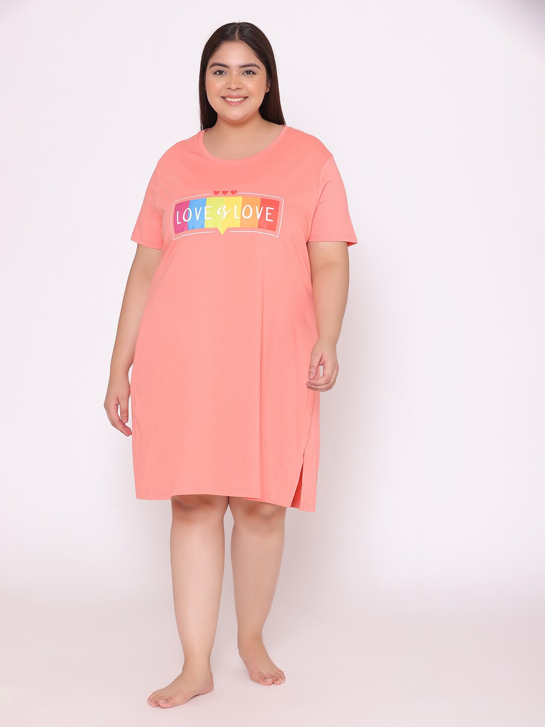 

TITTLI Plus Size Typography Printed T-Shirt Night Dress, Peach