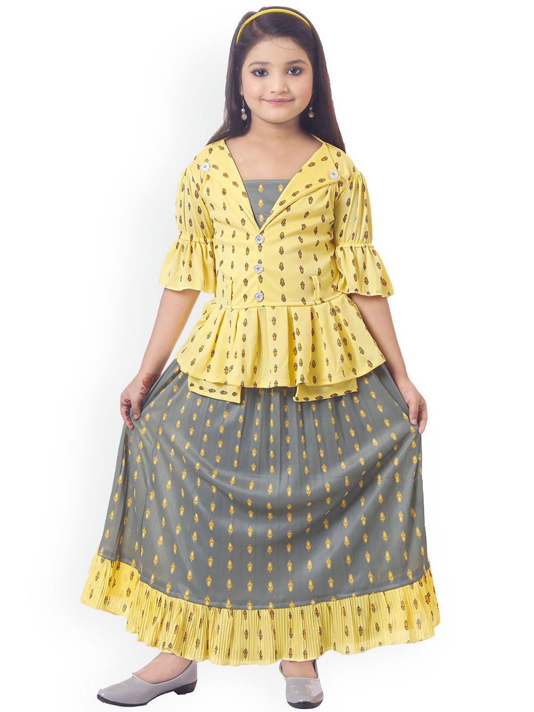 

BAESD Girls Printed Bell Sleeves Peplum Top With Skirt, Yellow