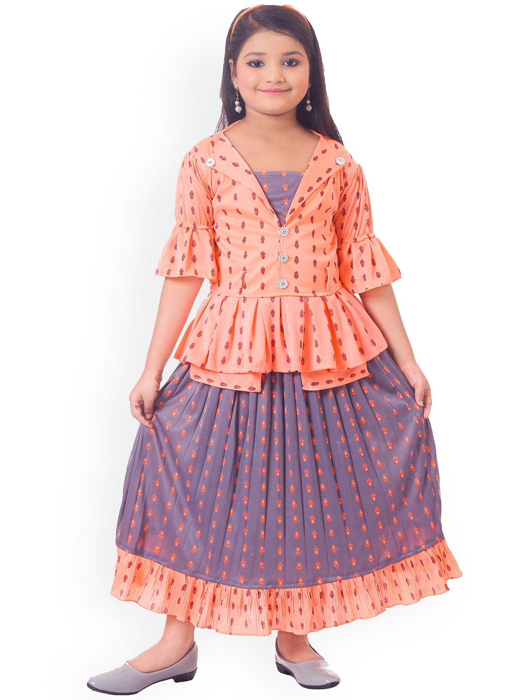 

BAESD Girls Printed Bell Sleeves Peplum Top With Skirt, Peach