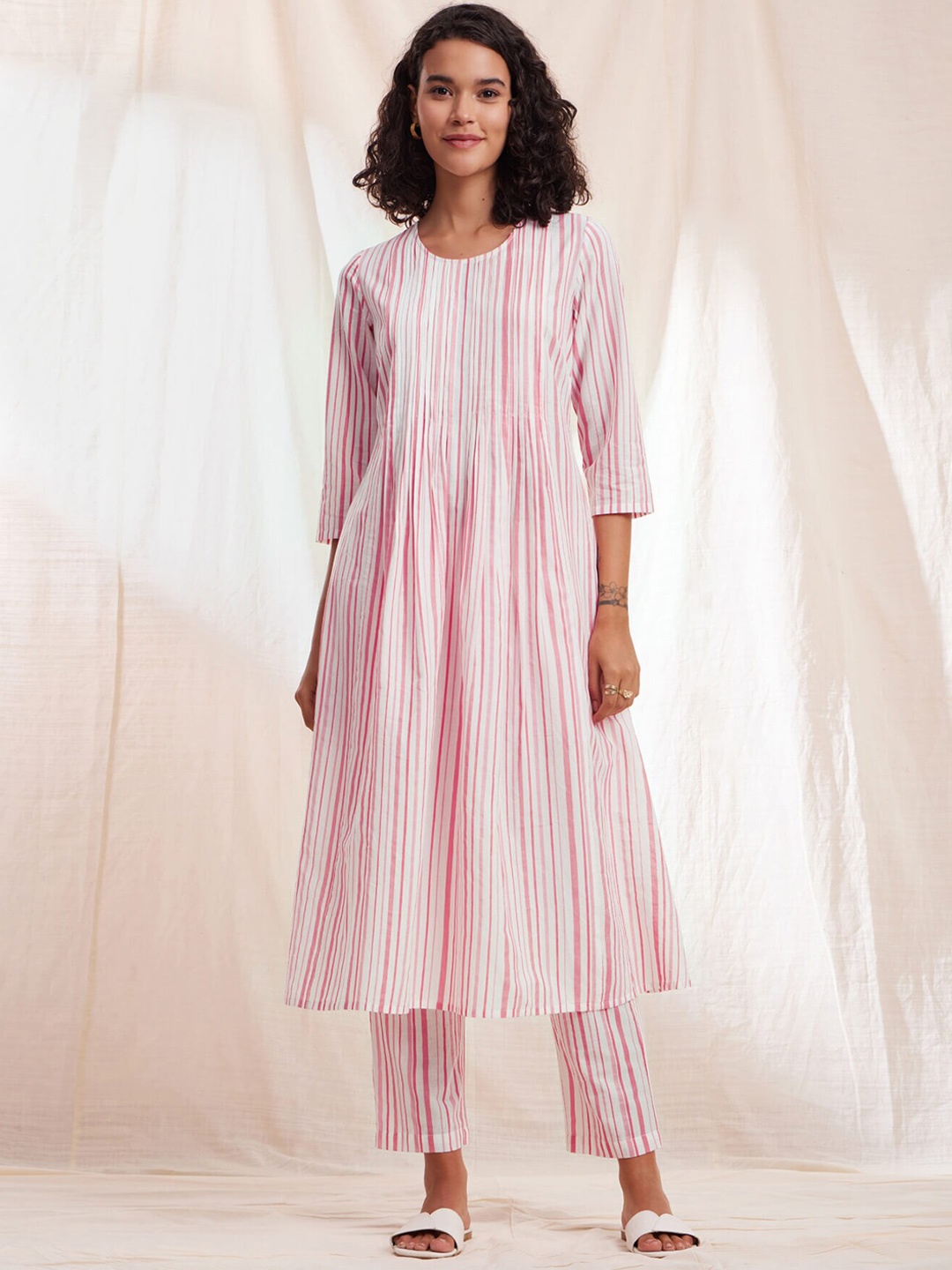 

Pink Fort Striped Pure Cotton Kurta With Trousers, White