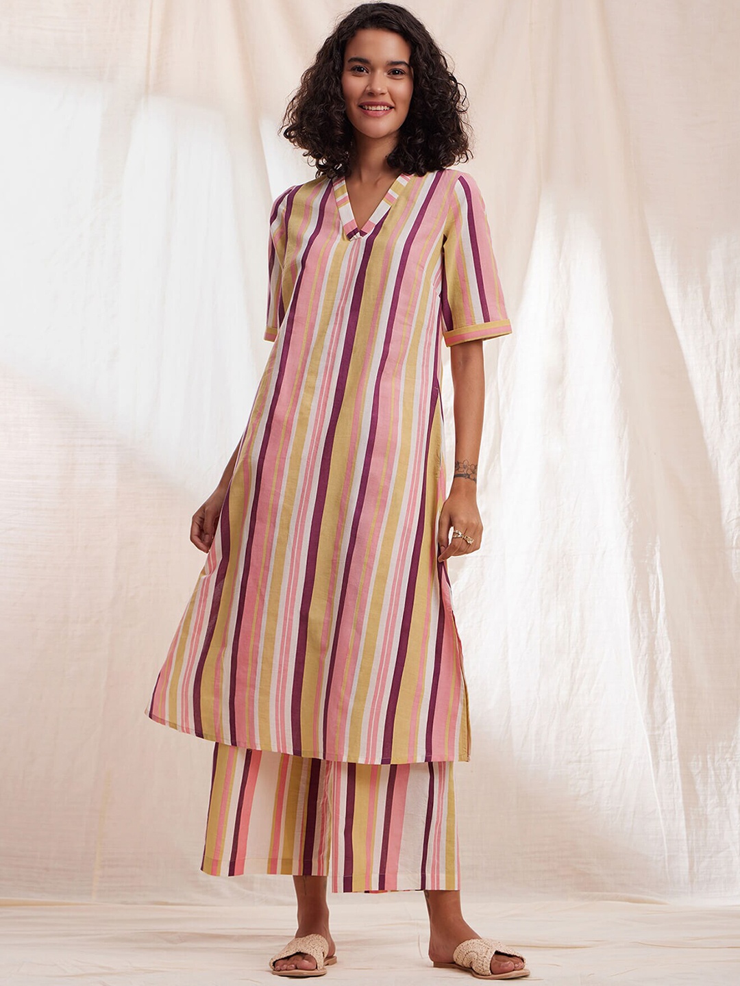 

Pink Fort Striped V-Neck Pure Cotton Kurta With Palazzos, Off white