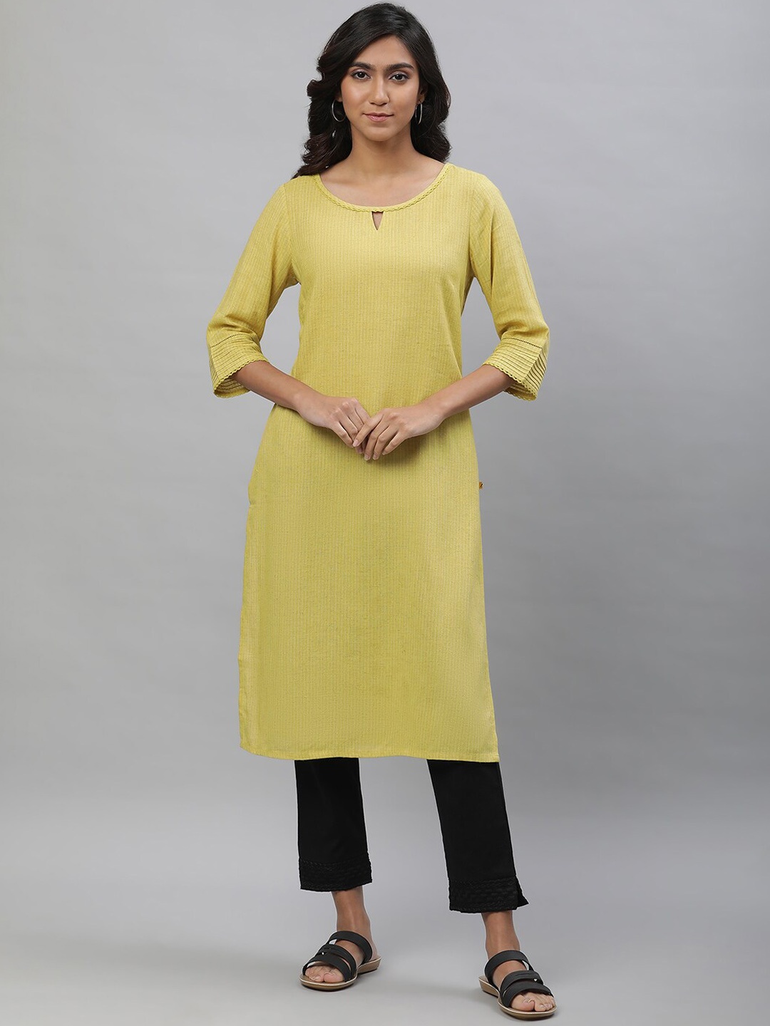 

AURELIA Striped Keyhole Neck Kurta, Yellow