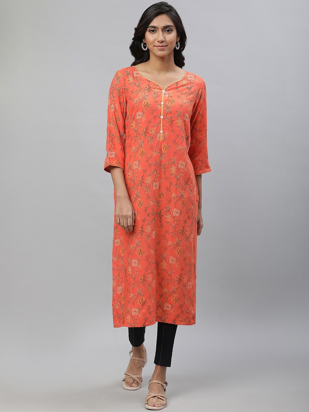 

AURELIA Flloral Printed V-Neck Straight Kurta, Orange