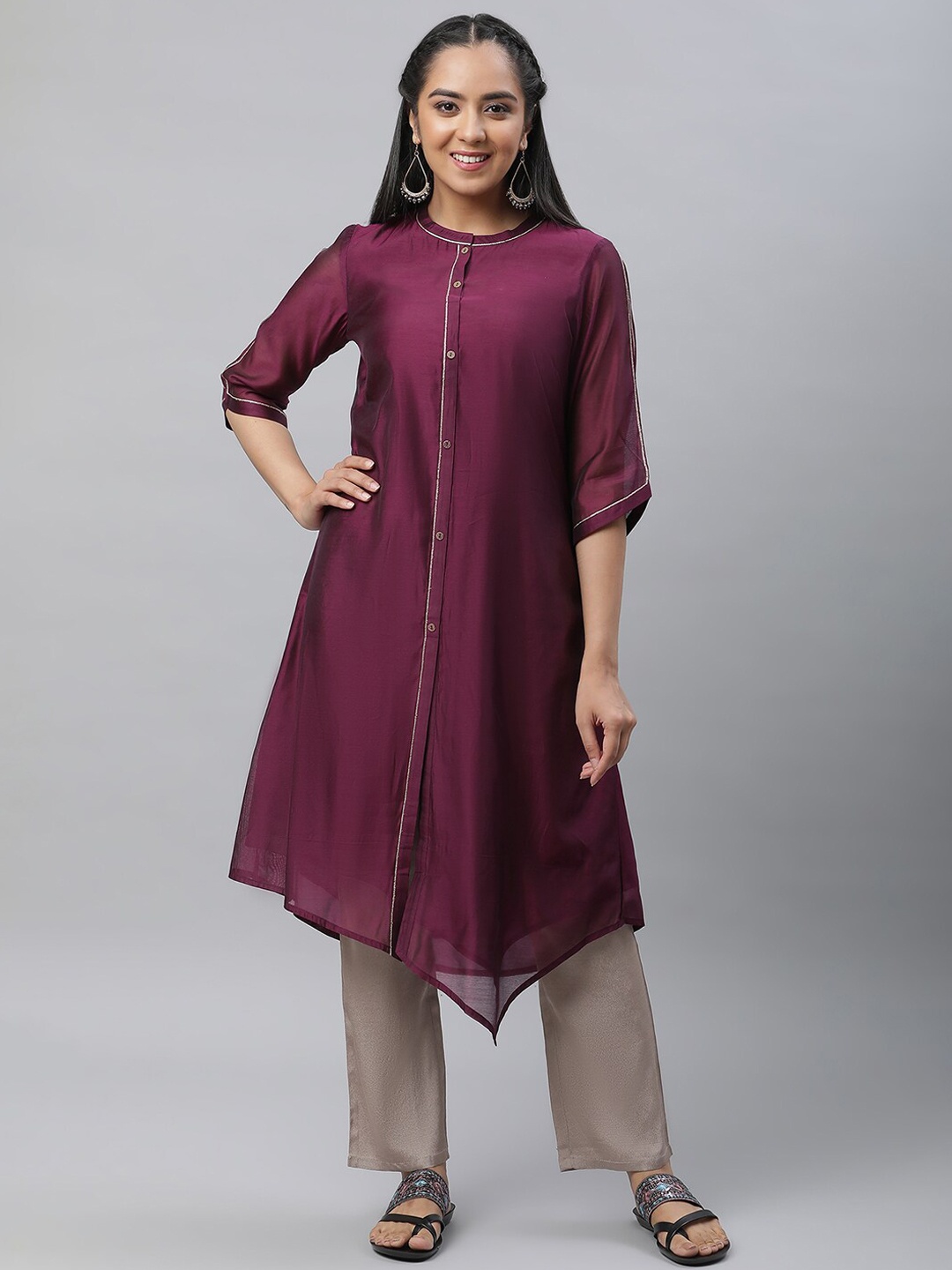 

AURELIA Round Neck A-Line Asymmetric Kurta, Purple