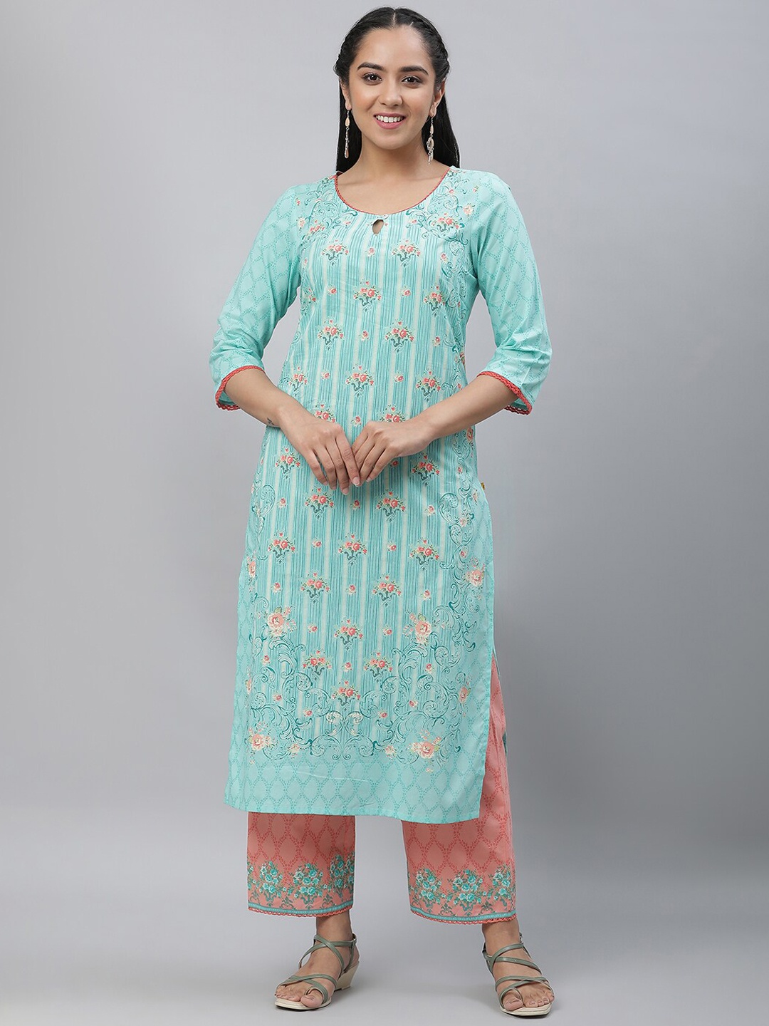 

AURELIA Floral Printed Regular Pure Cotton Kurta, Blue