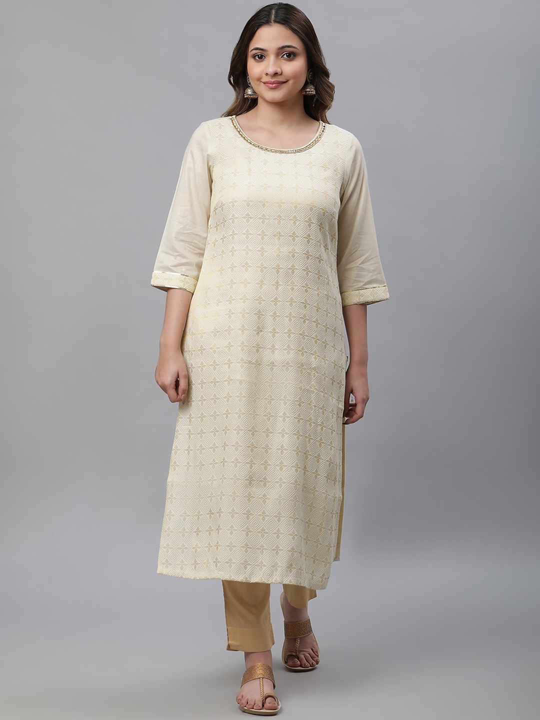 

AURELIA Round Neck Cotton Zari Thread Work Kurta, White