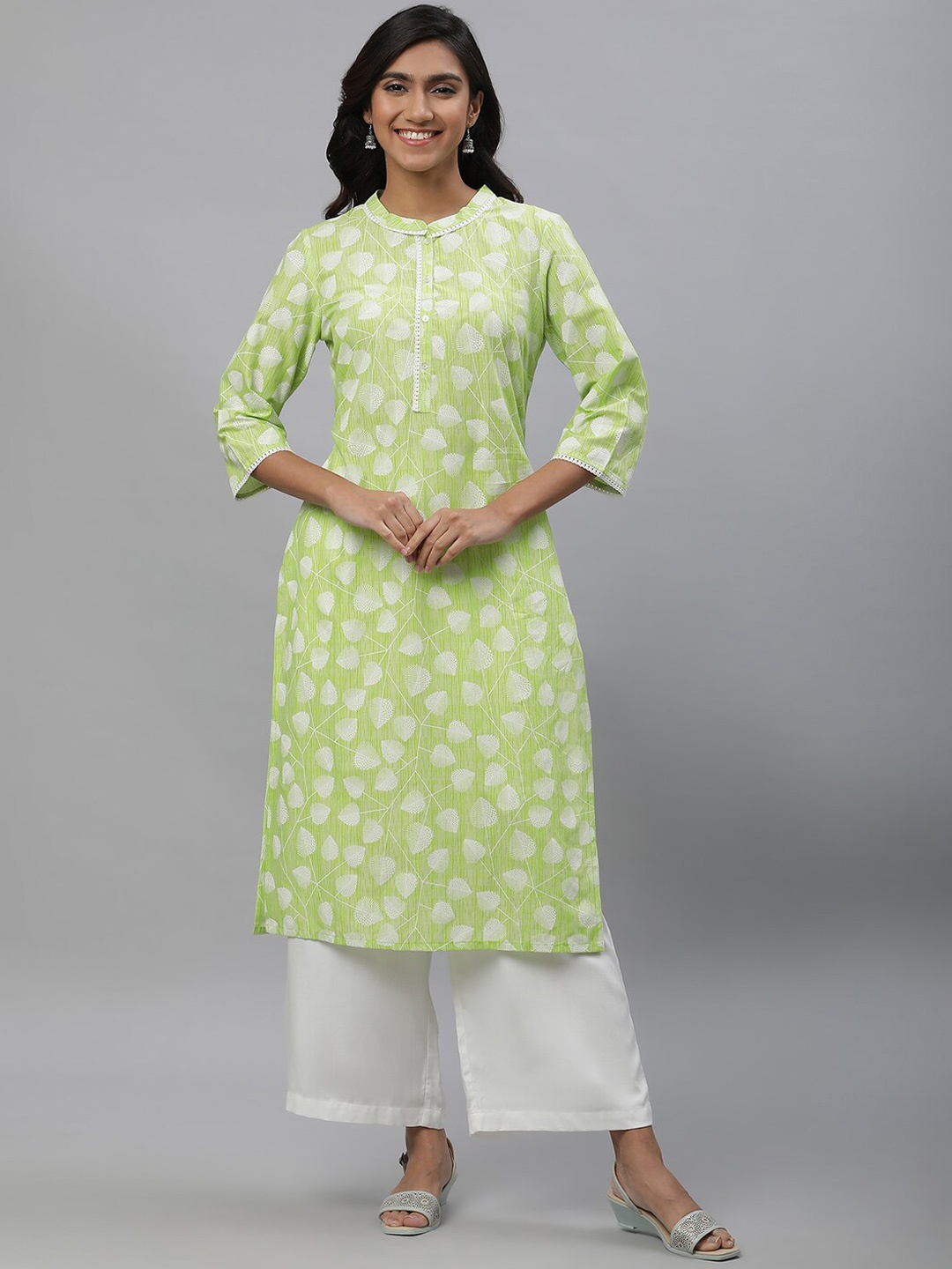 

AURELIA Ethnic Motifs Printed Pure Cotton Kurta, Green