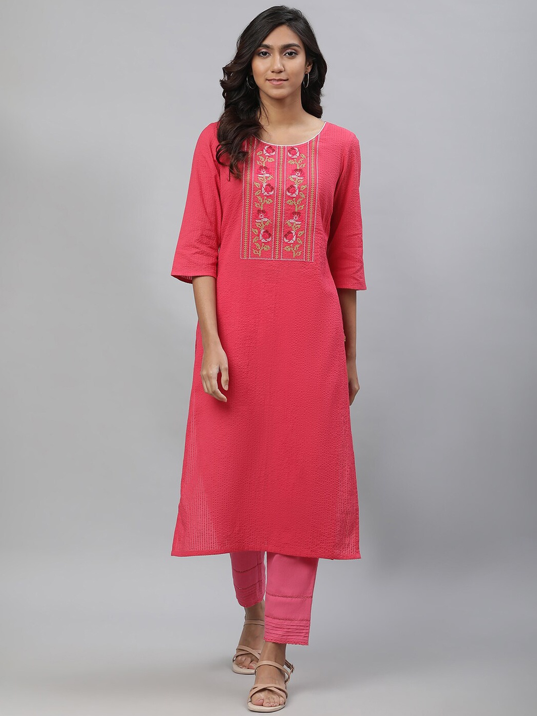 

AURELIA Ethnic Motifs Embroidered Pure Cotton Kurta, Pink