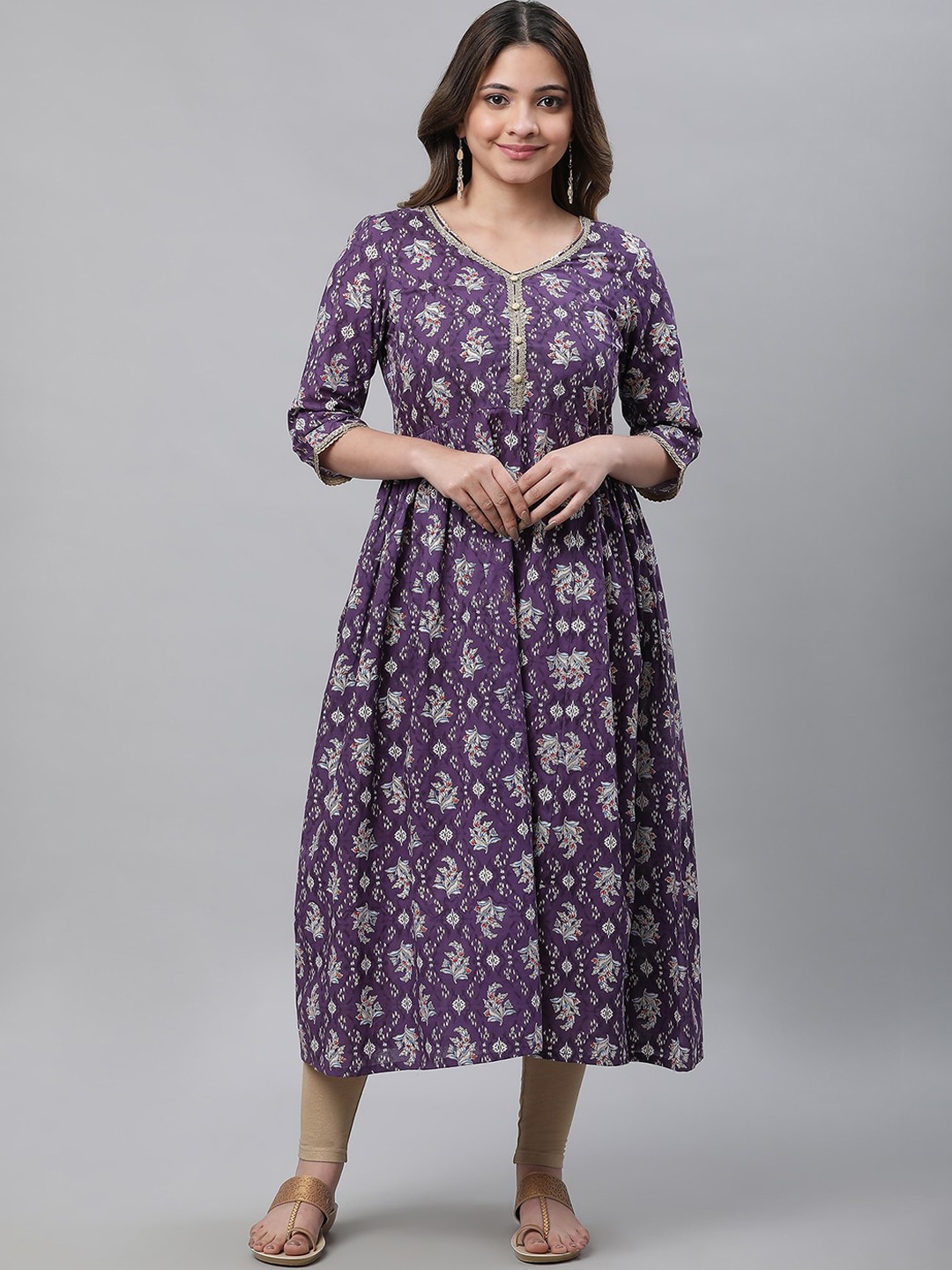 

AURELIA Ethnic Motifs Printed Pure Cotton V-Neck Kurta, Purple