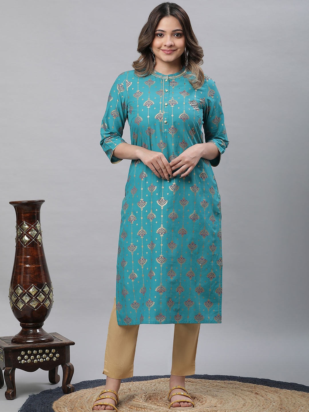 

AURELIA Floral Printed Band Collar Kurta, Blue