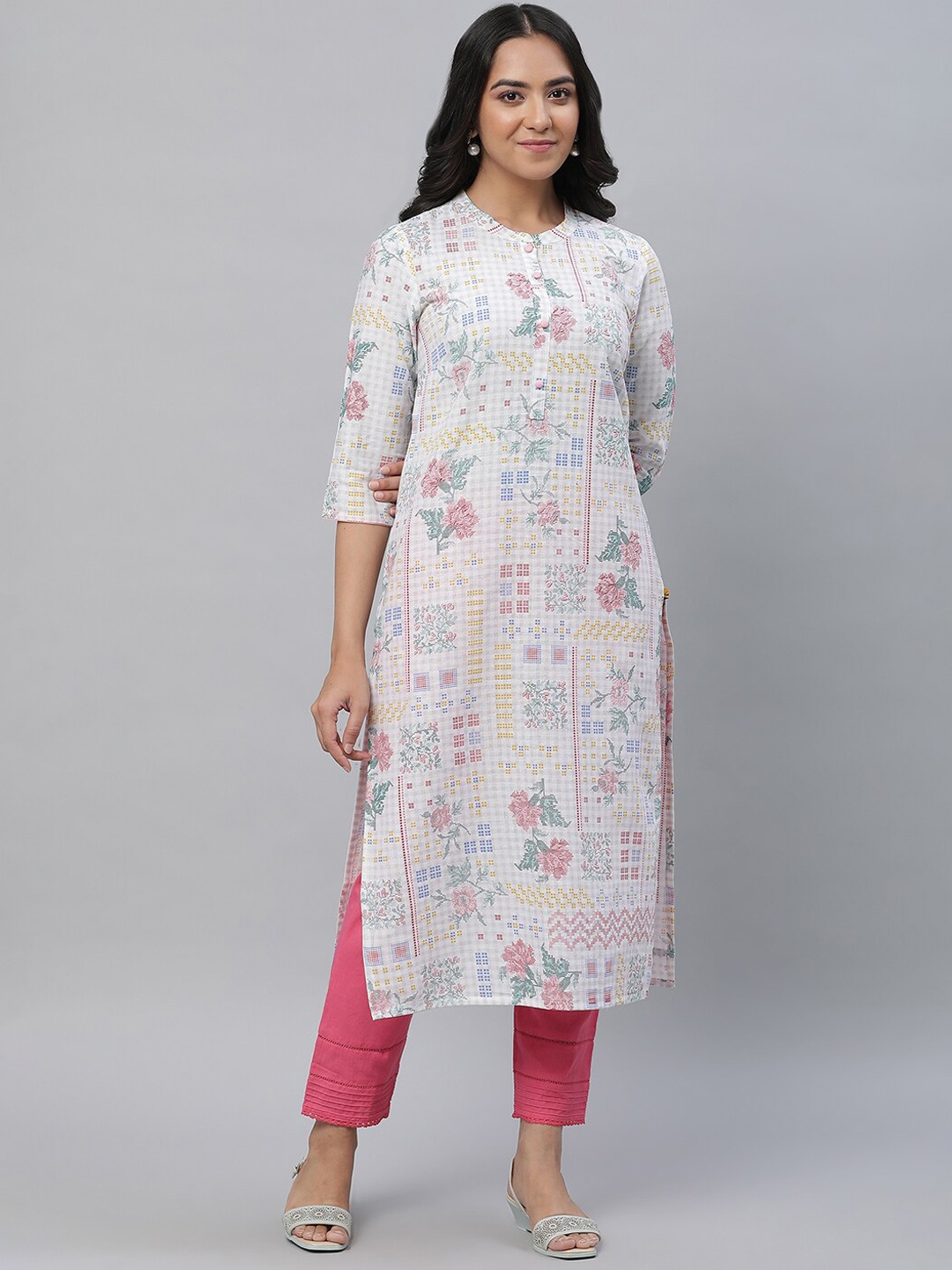 

AURELIA Floral Printed Band Collar Kurta, White