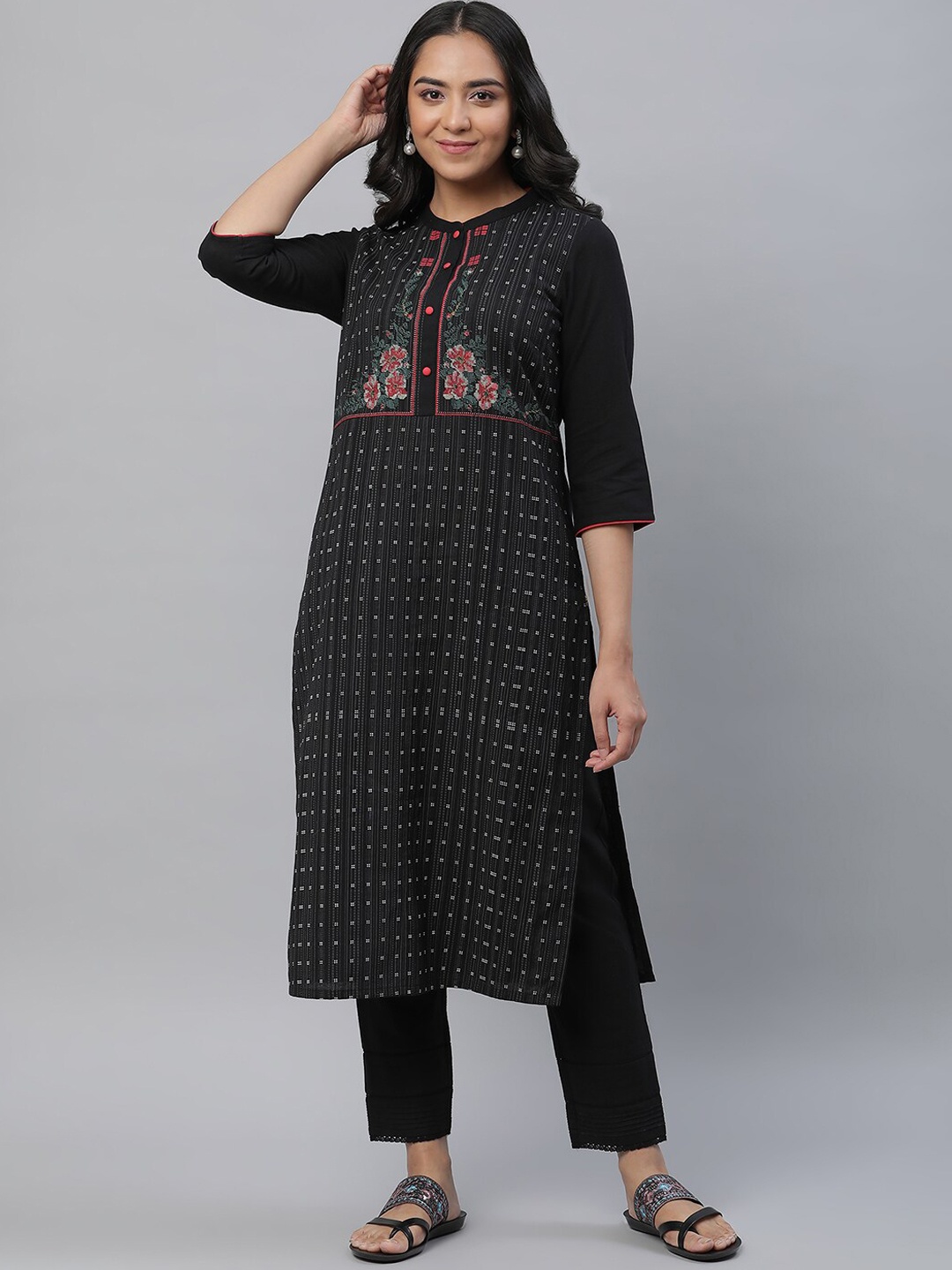 

AURELIA Floral Printed Band Neck Kurta, Black