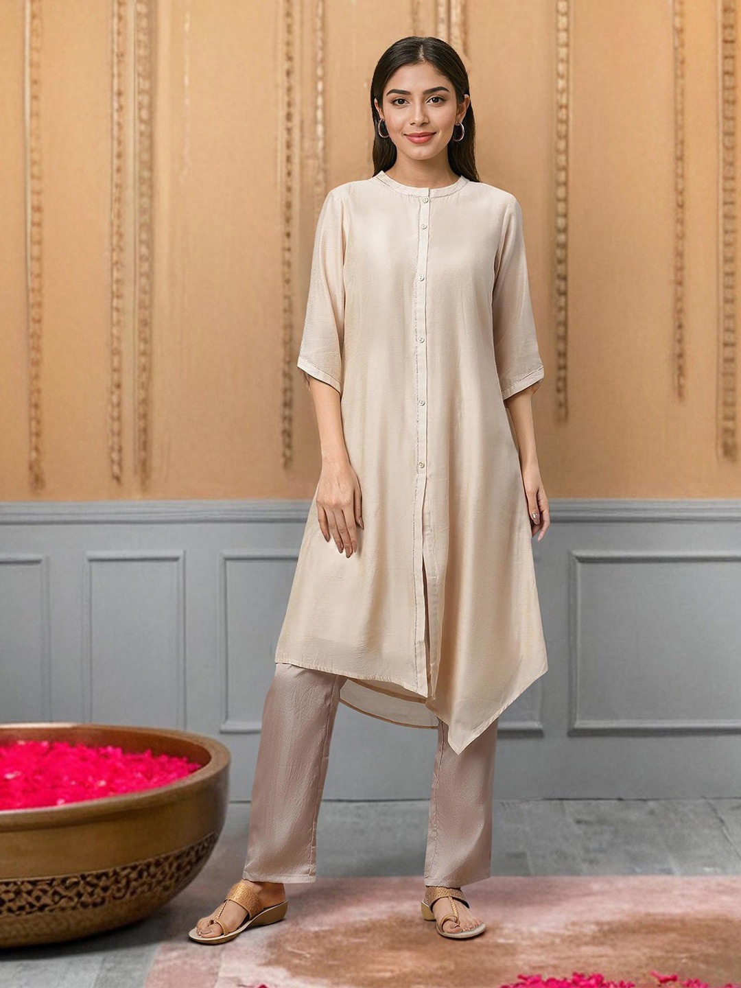 

AURELIA Band Collar Kurta, Beige