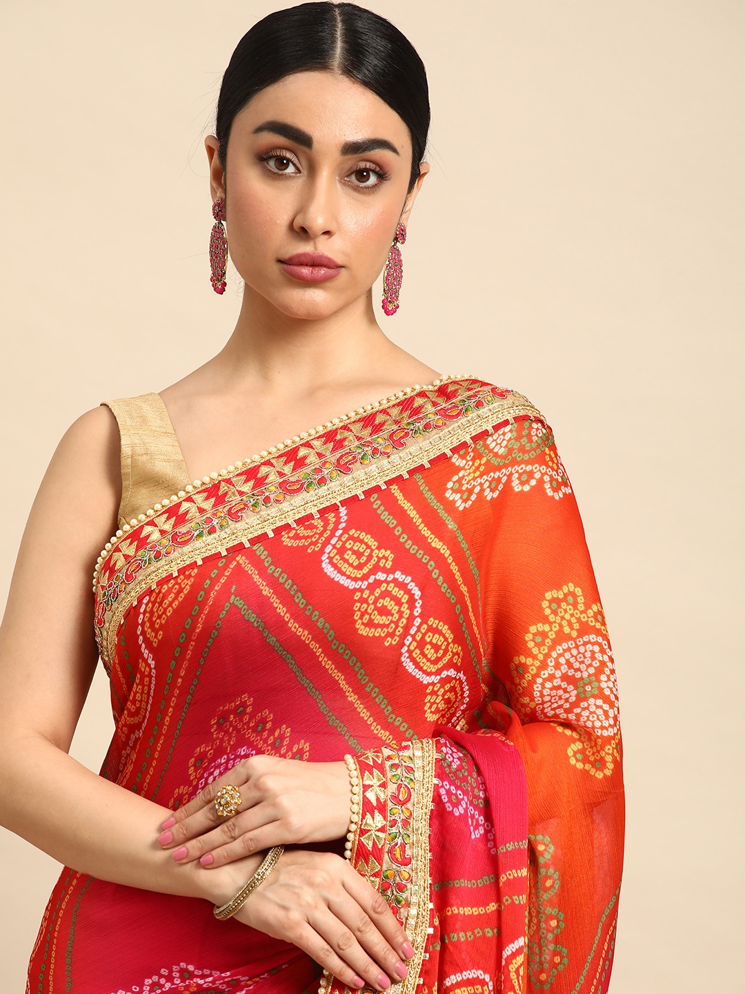 

Mitera Bandhani Gotta Patti Pure Chiffon Saree, Peach