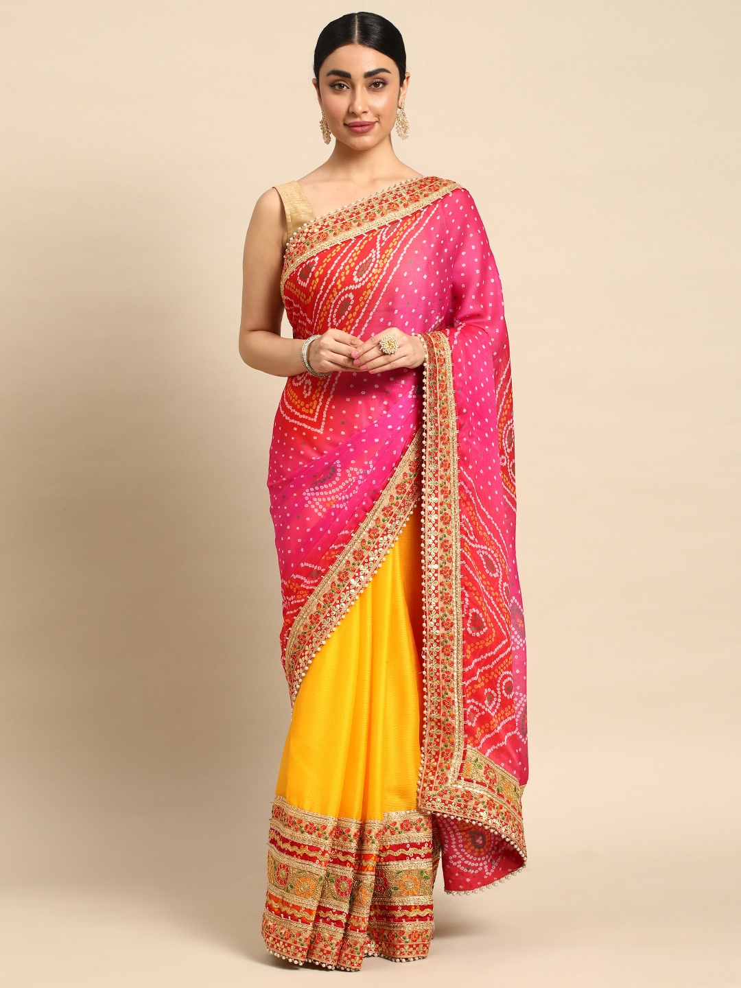 

Mitera Bandhani Gotta Patti Pure Chiffon Saree, Yellow