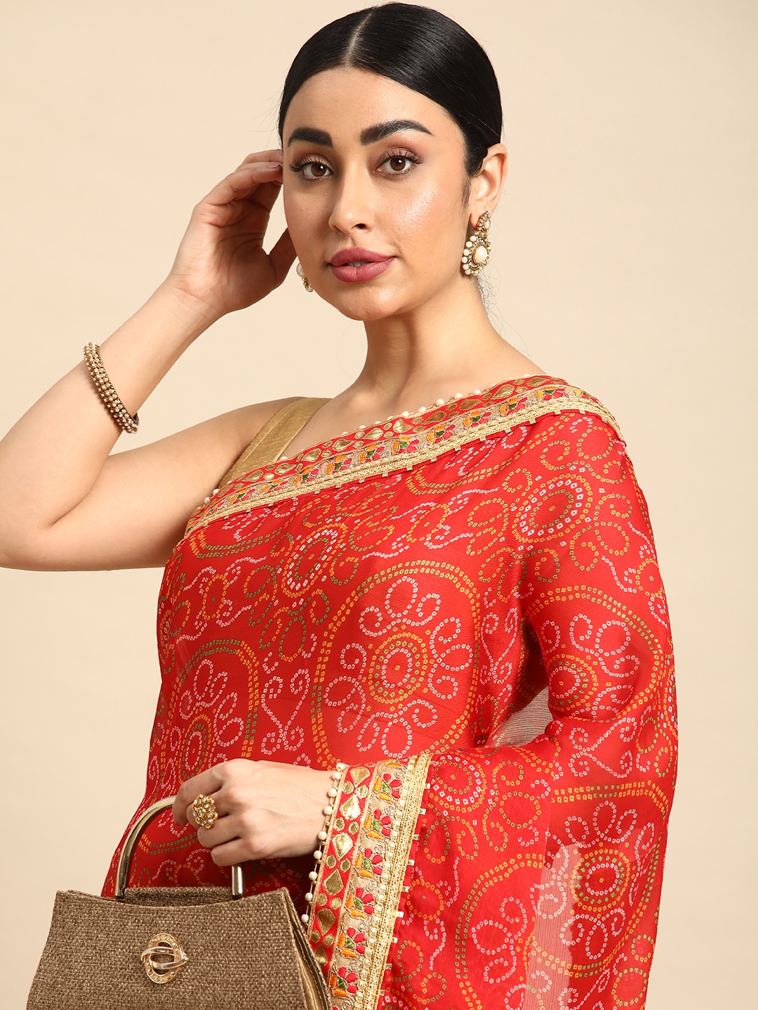 

Mitera Bandhani Gotta Patti Pure Chiffon Saree, Beige
