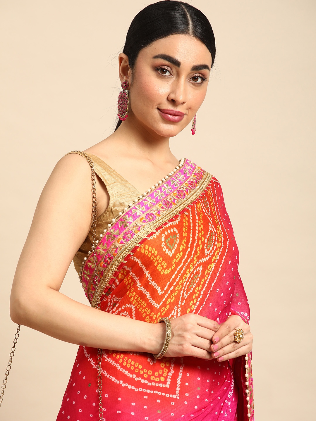 

Mitera Bandhani Gotta Patti Pure Chiffon Saree, Peach