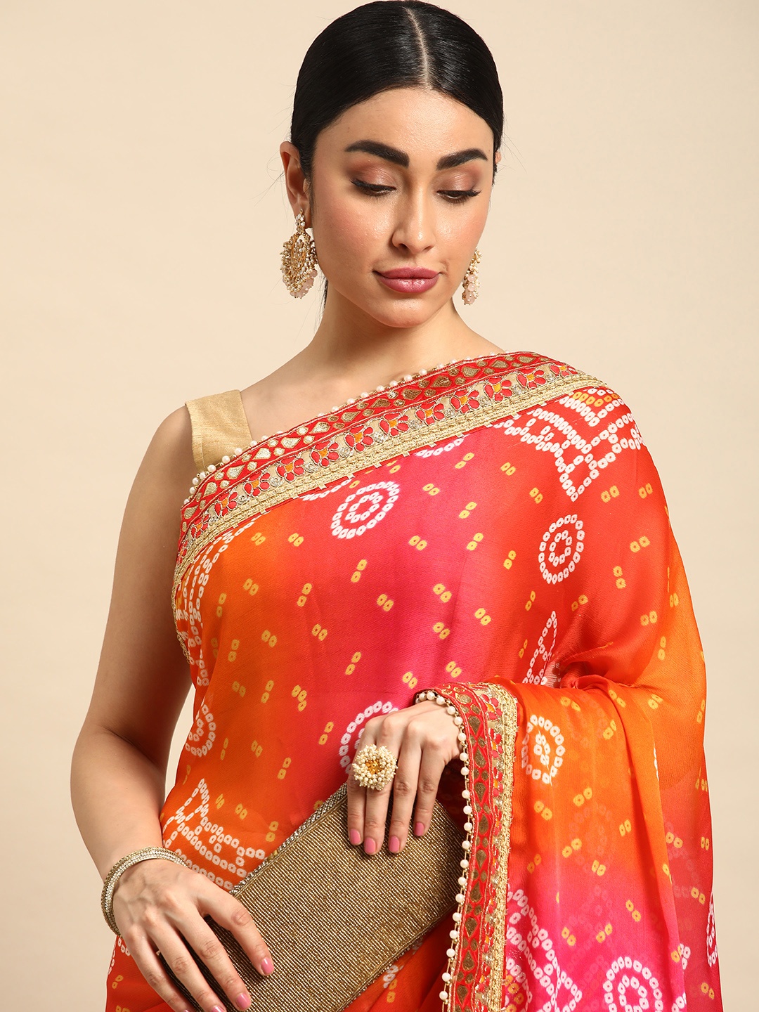 

Mitera Bandhani Gotta Patti Pure Chiffon Saree, Beige