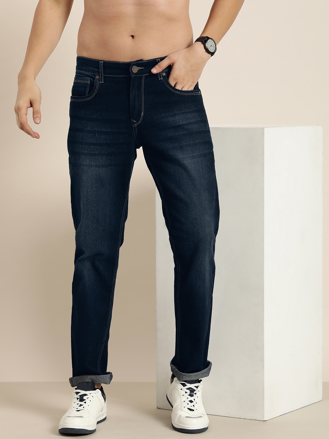 

HERE&NOW Men Smart Regular Fit Stretchable Jeans, Blue