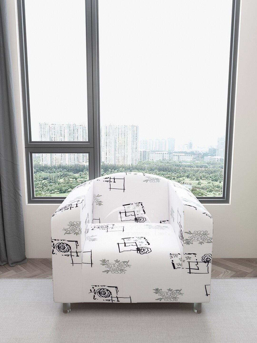 

DREAM CARE White & Black Printed 1-Seater Stretchable Sofa Cover