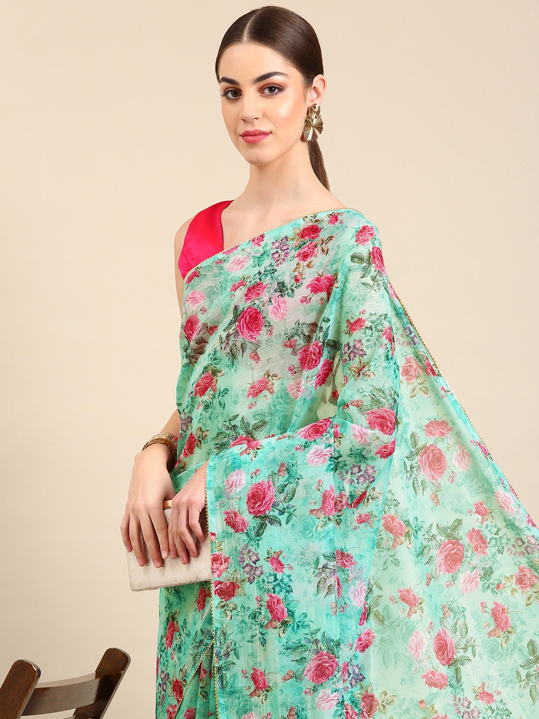 

BAPS Floral Printed Gotta Patti Saree, Sea green