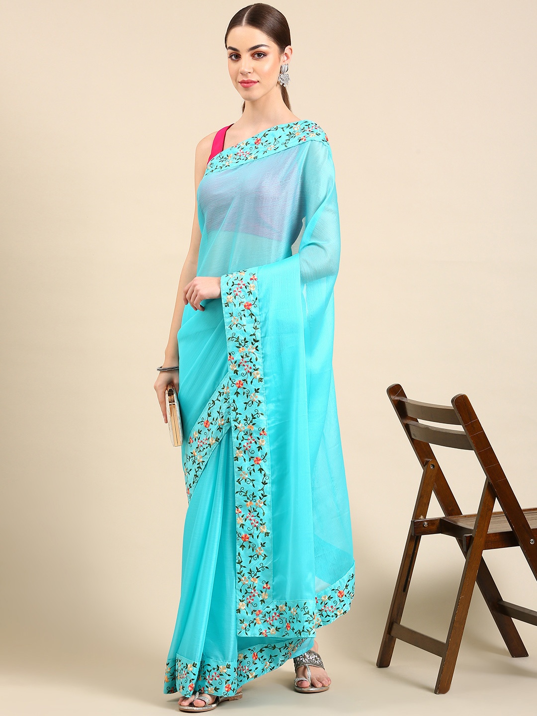

BAPS Embroidered Pure Chiffon Saree, Blue