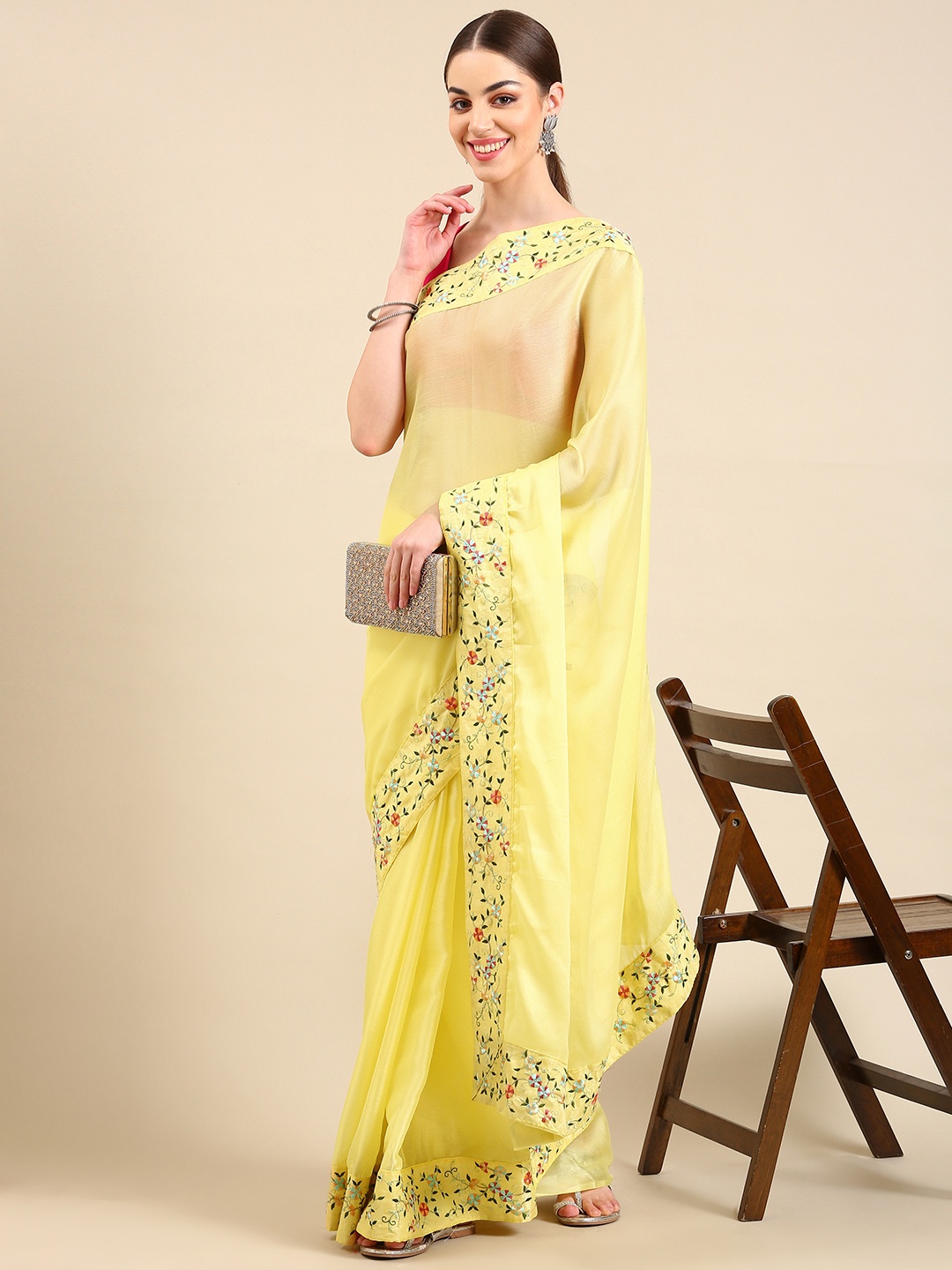 

BAPS Embroidered Pure Chiffon Saree, Yellow