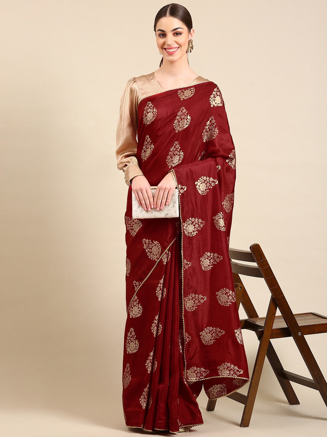 

BAPS Ethnic Motifs Woven Design Zari Pure Silk Saree, Maroon