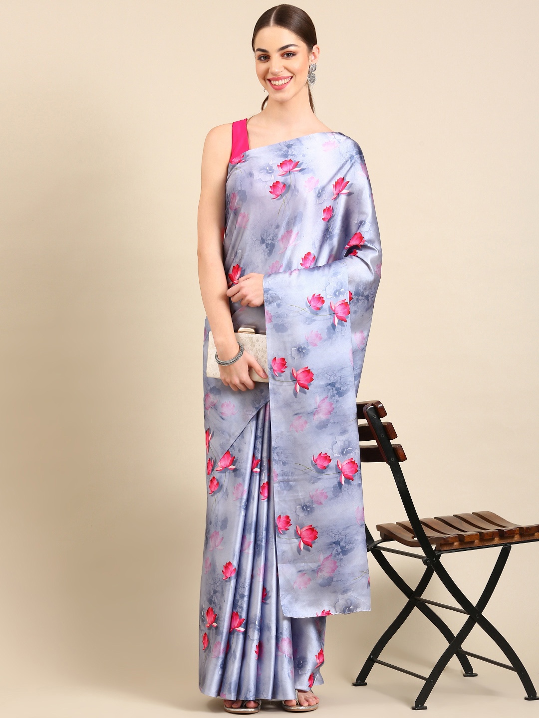 

BAPS Floral Printed Satin Saree, Grey