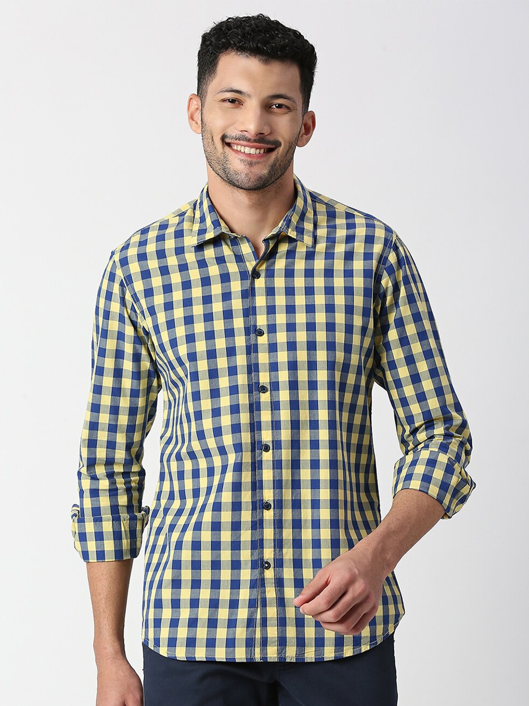 

SNX Tailored Fit Checked Pure Cotton Casual Shirt, Yellow