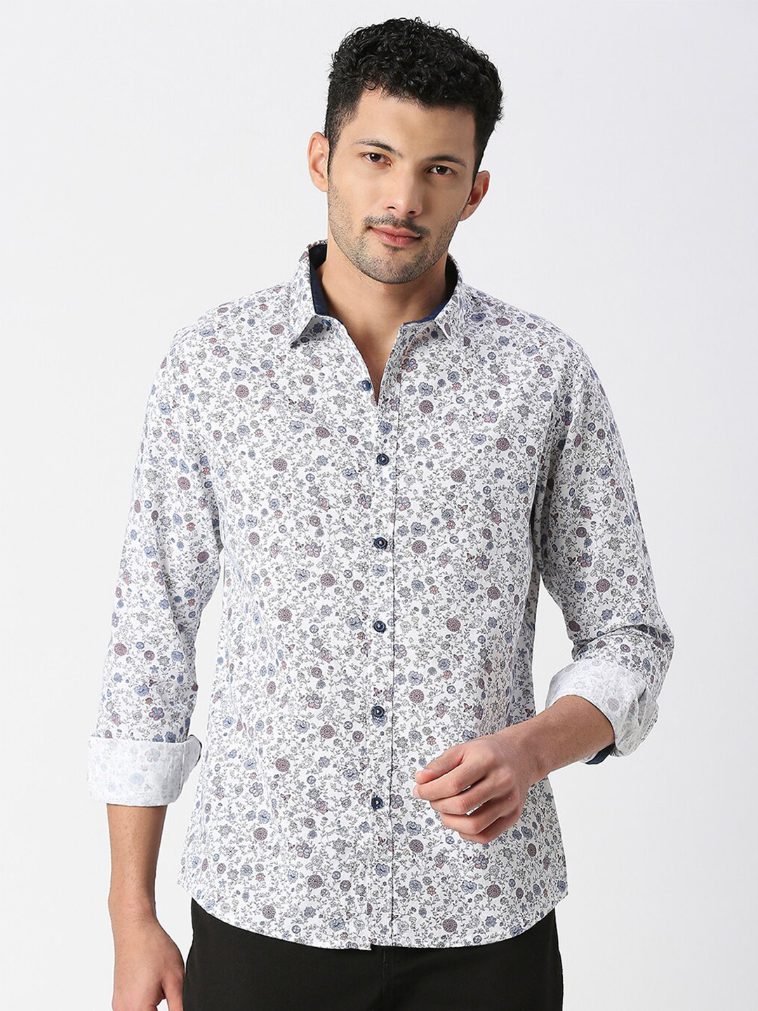 

SNX Tailored Fit Floral Printed Pure Cotton Casual Shirt, White