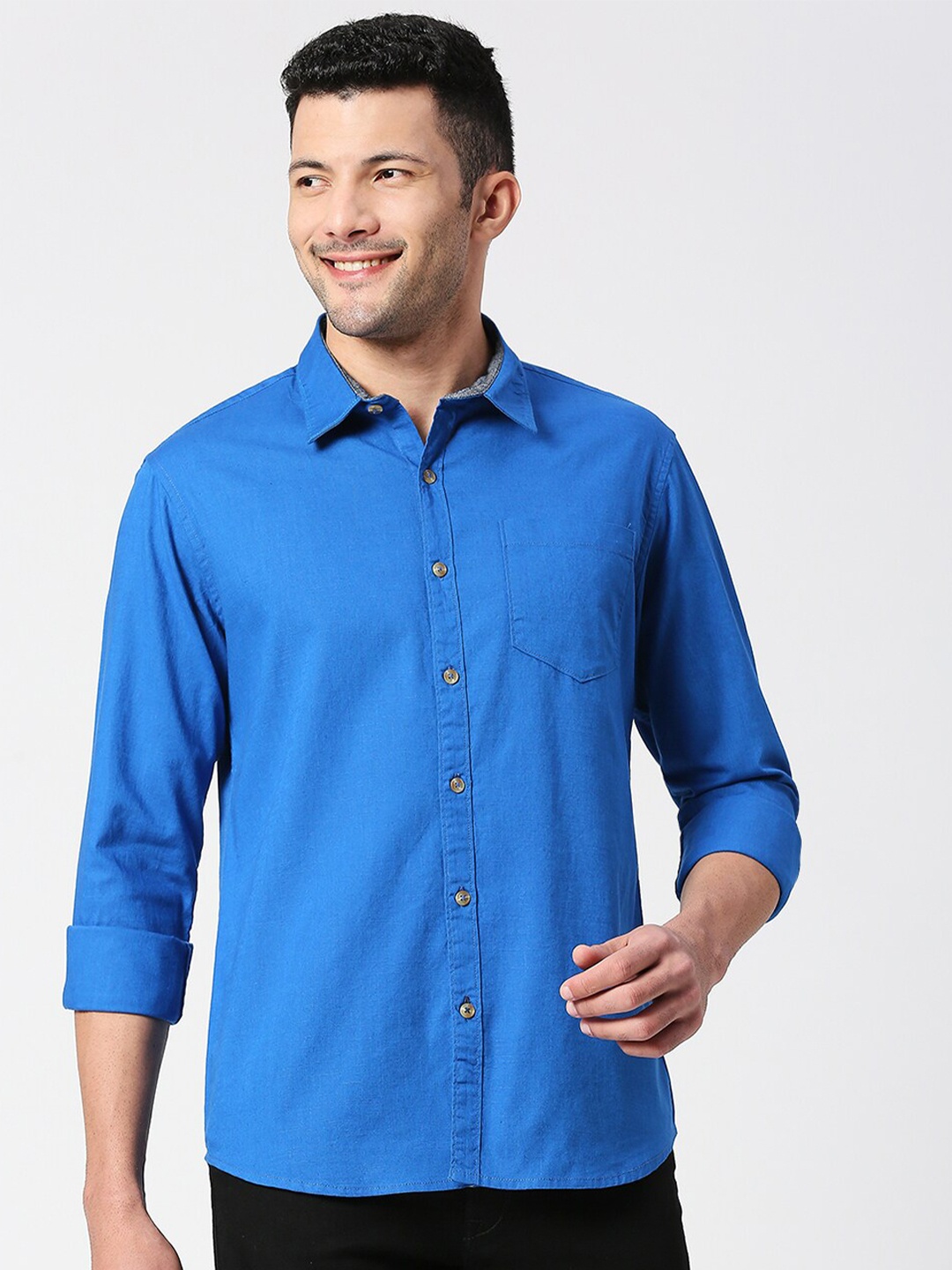 

SNX Tailored Fit Spread Collar Pure Cotton Casual Shirt, Blue