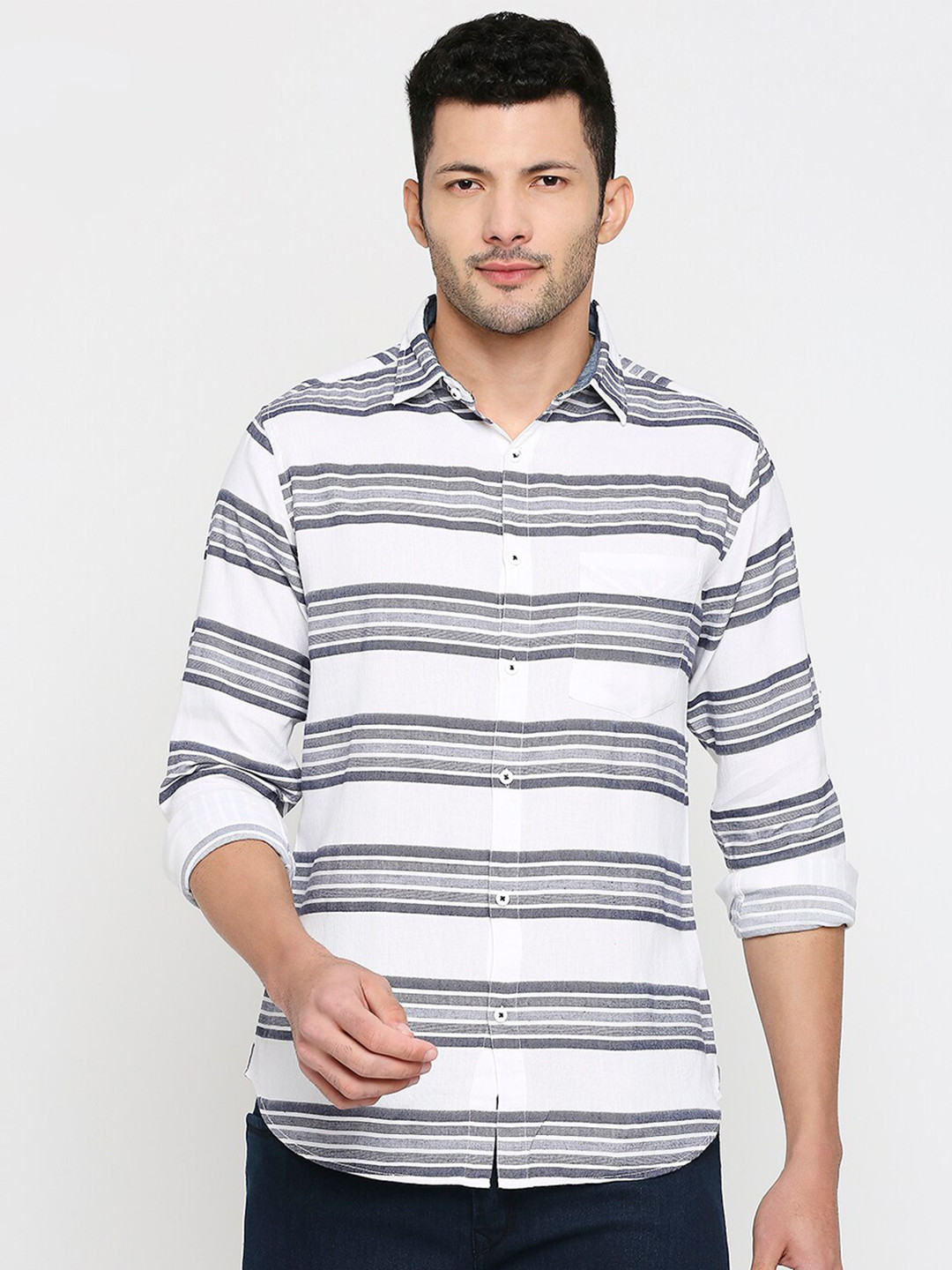 

SNX Tailored Fit Horizontal Striped Pure Cotton Casual Shirt, White