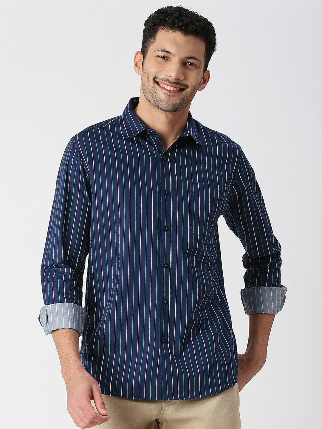 

SNX Tailored Fit Striped Pure Cotton Casual Shirt, Navy blue