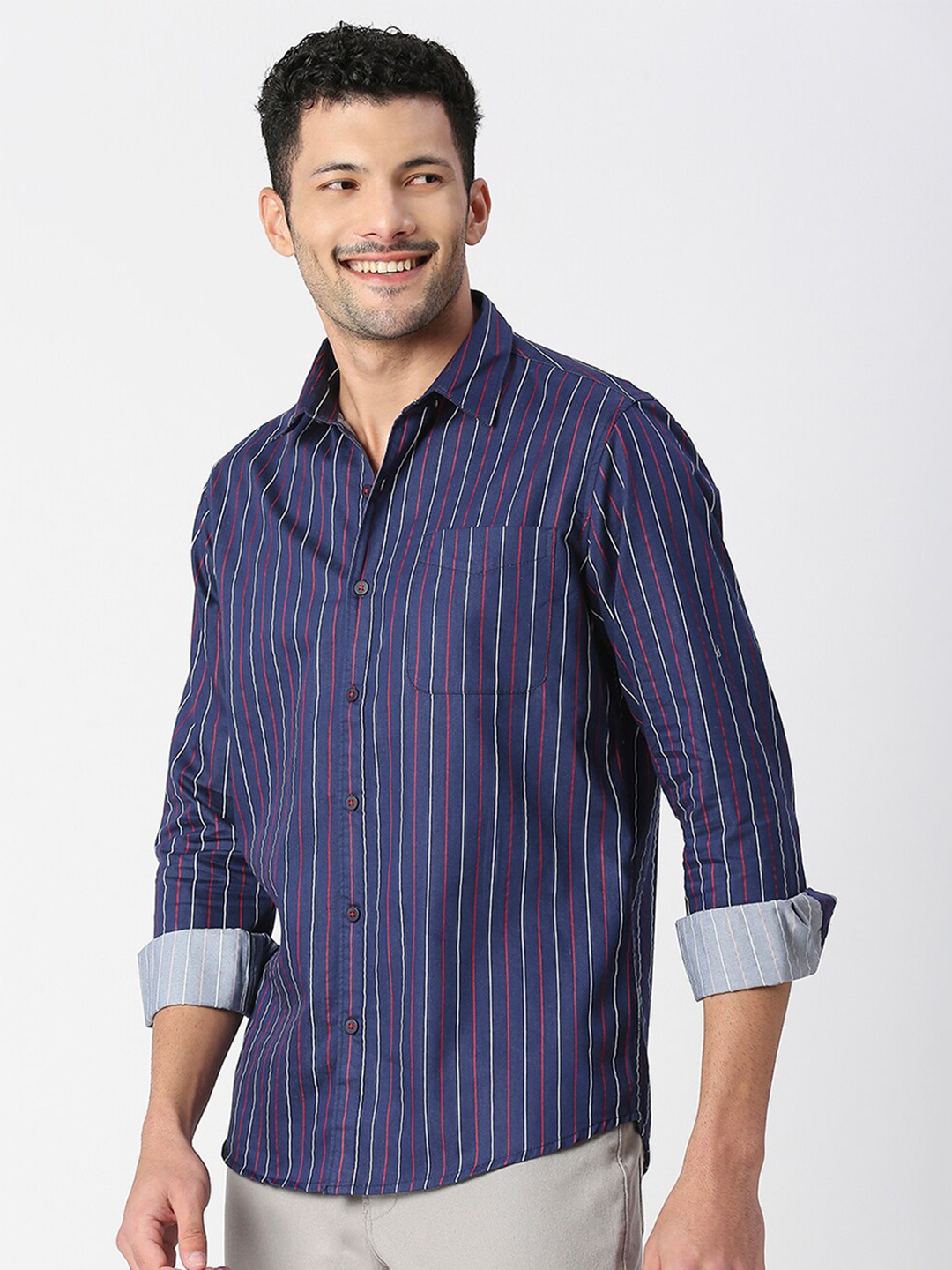 

SNX Tailored Fit Striped Pure Cotton Casual Shirt, Navy blue