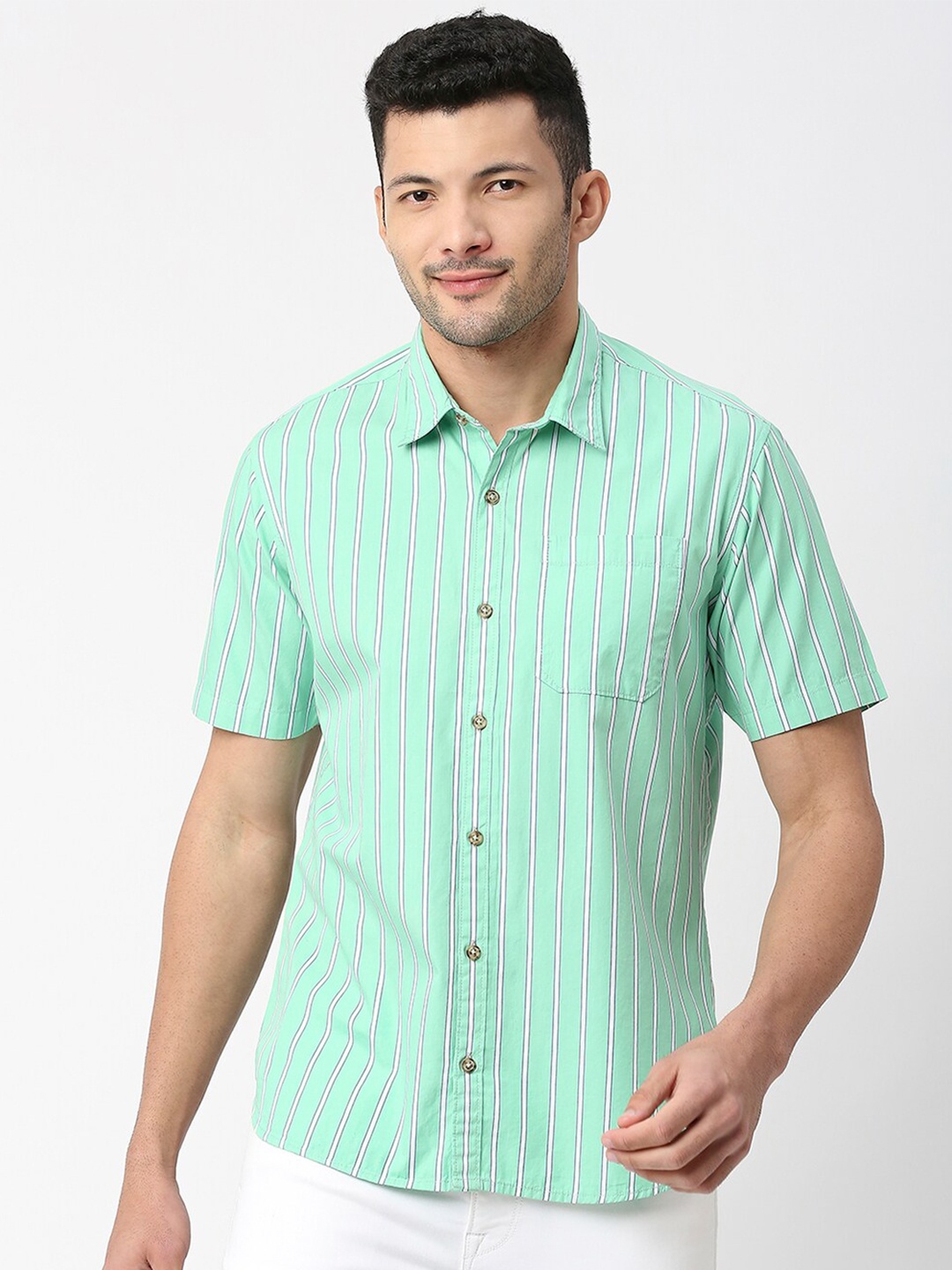 

SNX Tailored Fit Striped Pure Cotton Casual Shirt, Green