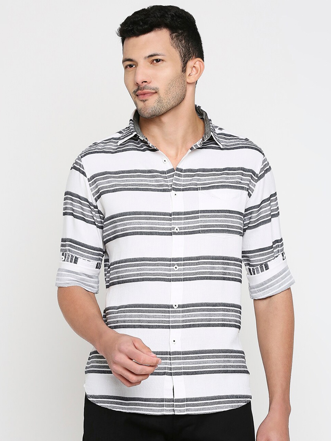 

SNX Tailored Fit Horizontal Striped Pure Cotton Casual Shirt, White