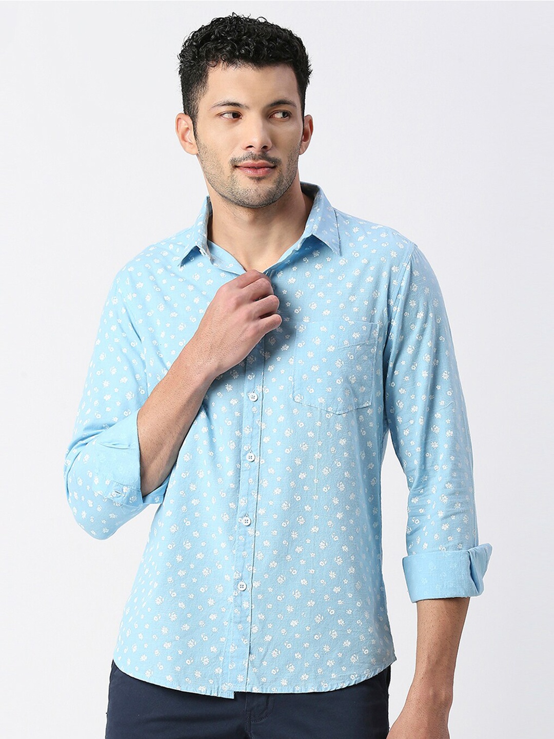 

SNX Tailored Fit Floral Printed Pure Cotton Casual Shirt, Blue