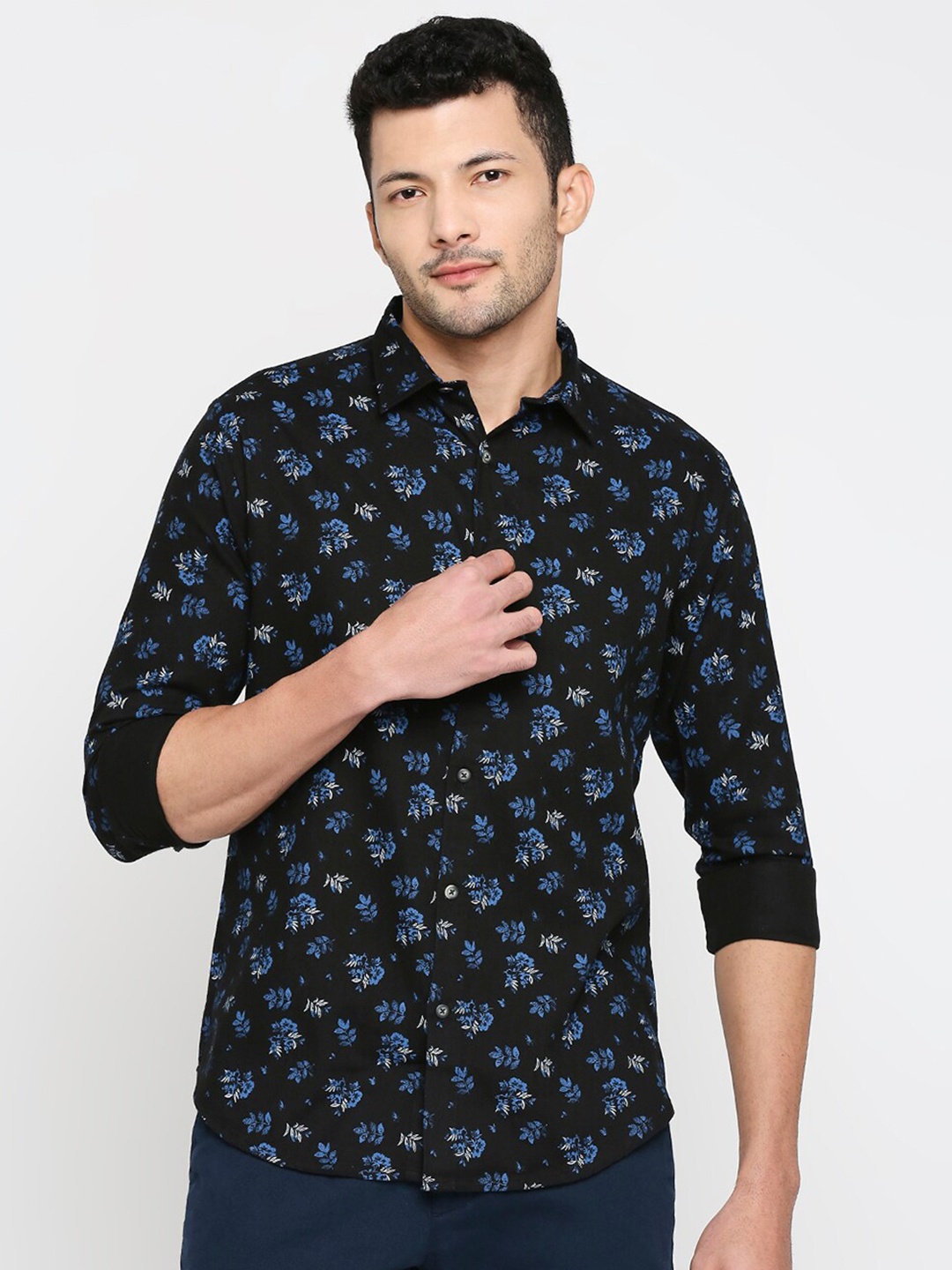 SNX Tailored Fit Floral Printed Pure Cotton Casual Shirt, Black