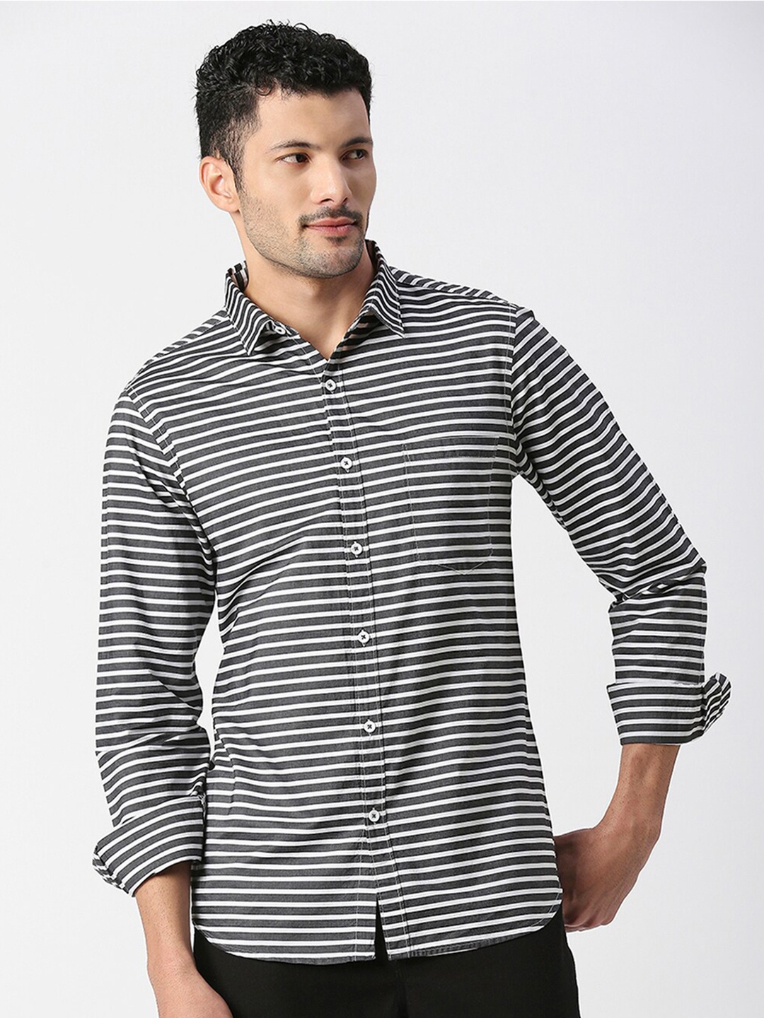 SNX Tailored Fit Horizontal Stripes Striped Pure Cotton Casual Shirt, Black