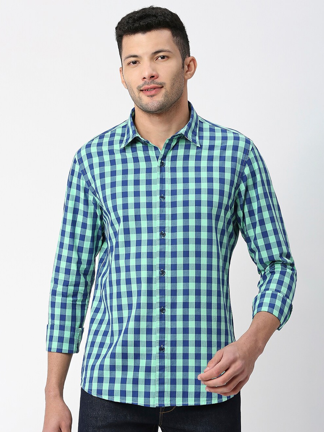 

SNX Tailored Fit Gingham Checks Checked Pure Cotton Casual Shirt, Green