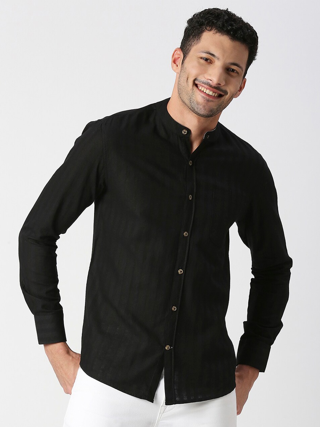 

SNX Tailored Fit Vertical Stripes Striped Pure Cotton Casual Shirt, Black