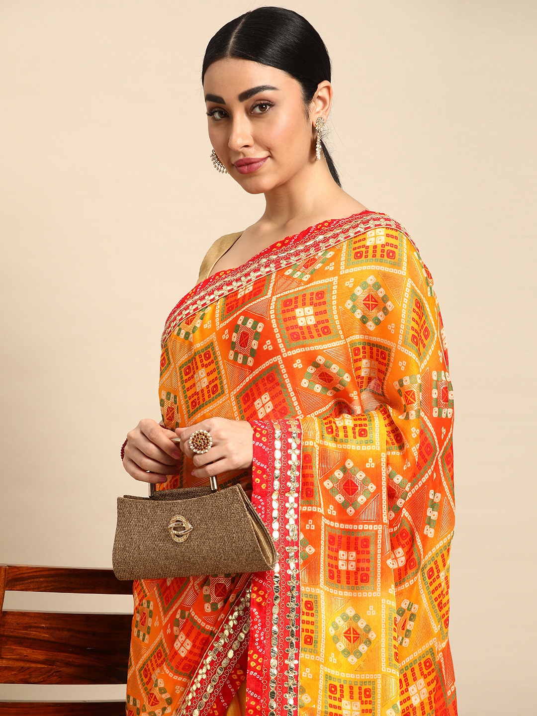 

Mitera Bandhani Gotta Patti Pure Chiffon Saree, Yellow