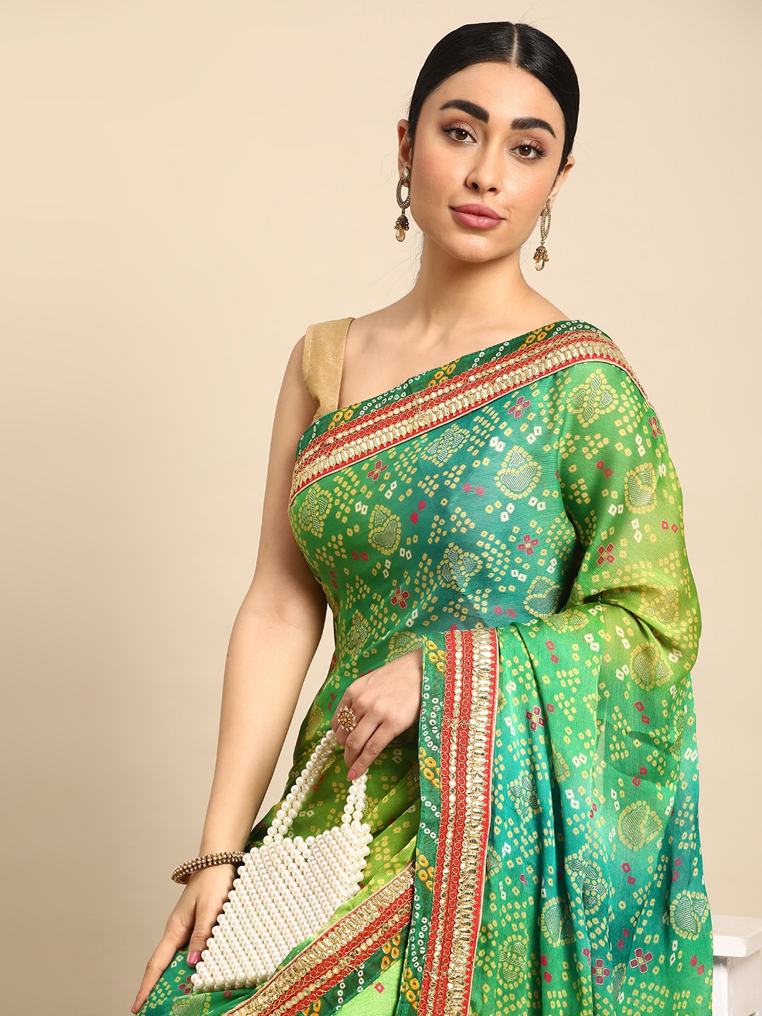 

Mitera Bandhani Gotta Patti Pure Chiffon Saree, Green