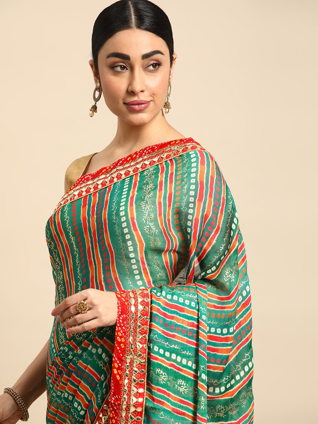 

Mitera Bandhani Gotta Patti Pure Chiffon Saree, Turquoise blue