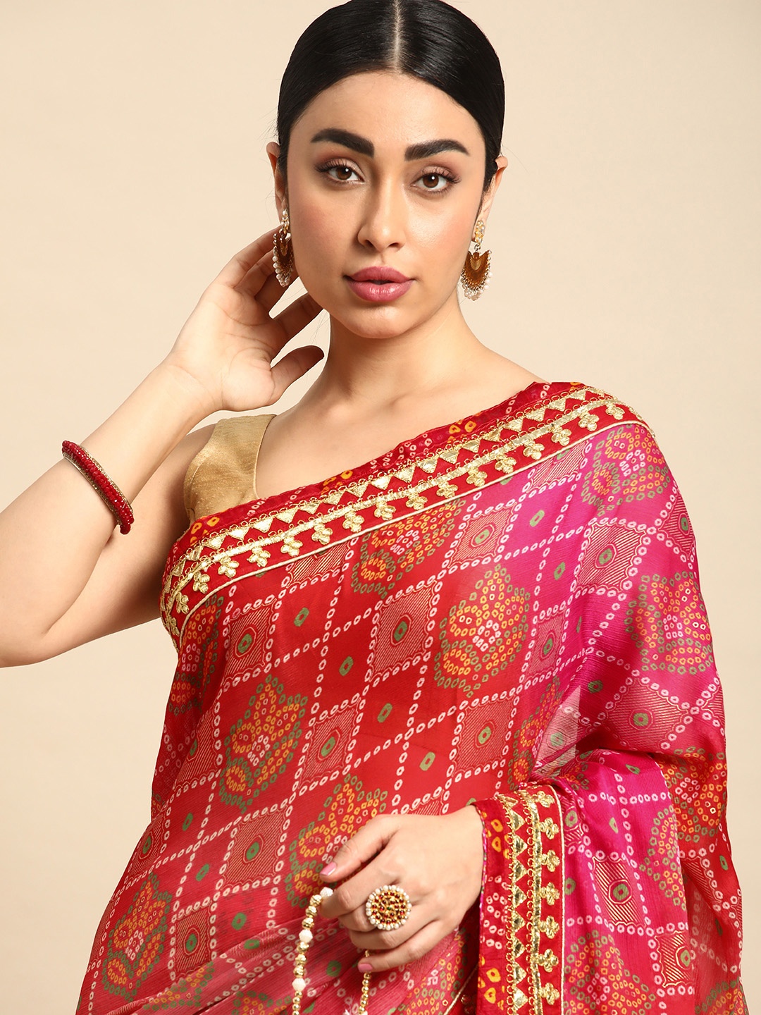 

Mitera Bandhani Gotta Patti Pure Chiffon Saree, Red