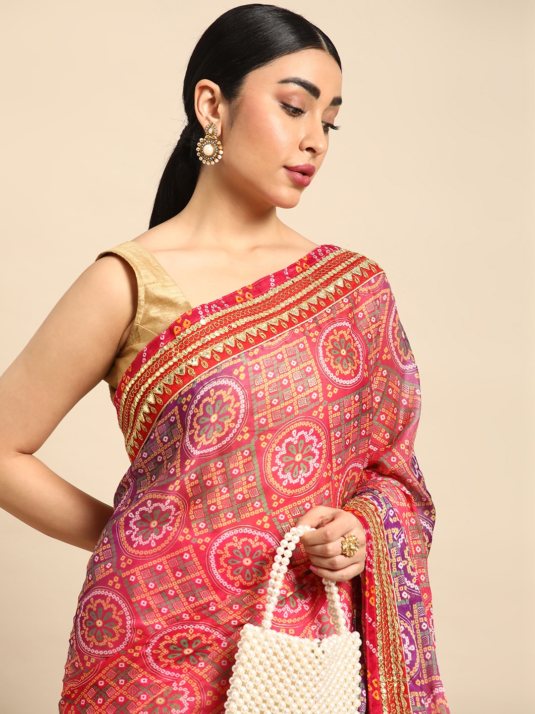 

Mitera Bandhani Gotta Patti Pure Chiffon Saree, Pink