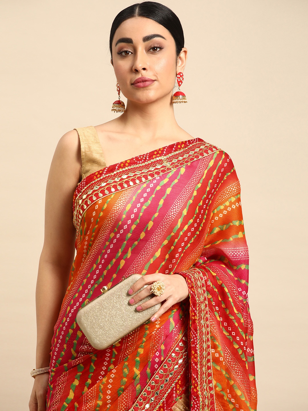 

Mitera Bandhani Gotta Patti Pure Chiffon Saree, Beige