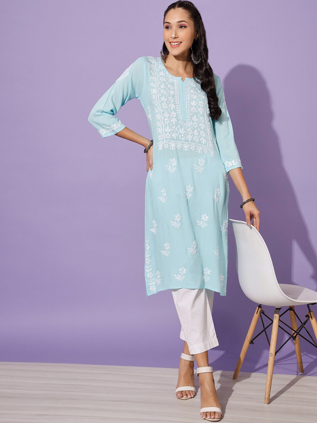 

Ethnava Floral Embroidered Straight Kurta, Turquoise blue